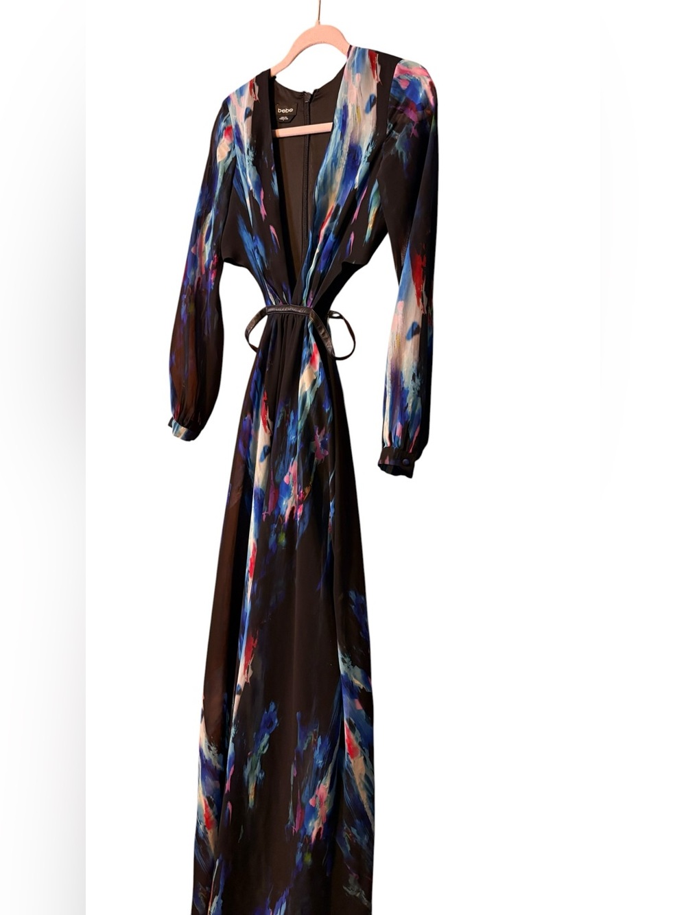 Bebe Abstract Print Cutout Maxi Dress Size 0 Resort Cruise Wedding Guest - Picture 6 of 12